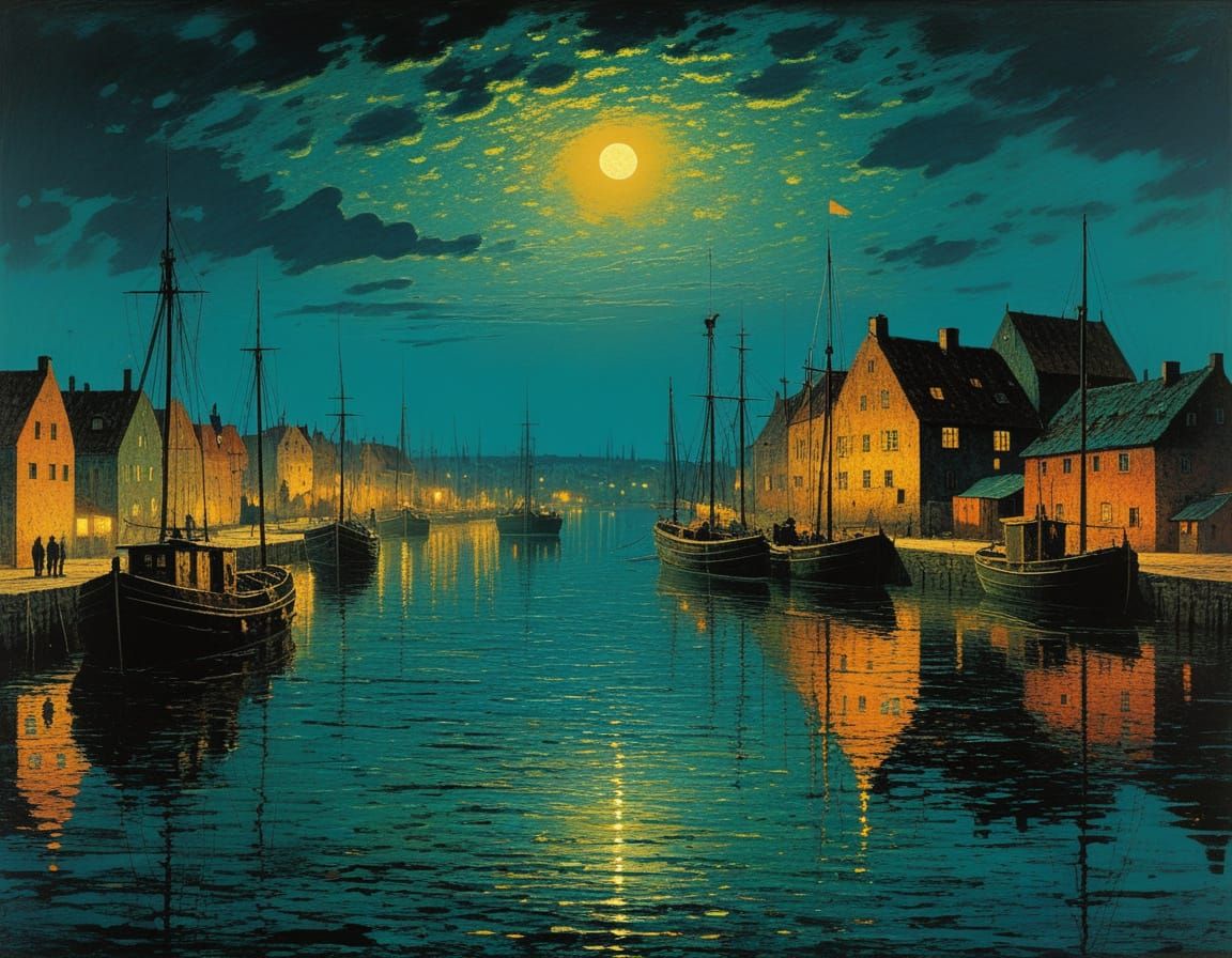 Vibrant Danish Fishing Harbor Scene in Evening Light, in a N...