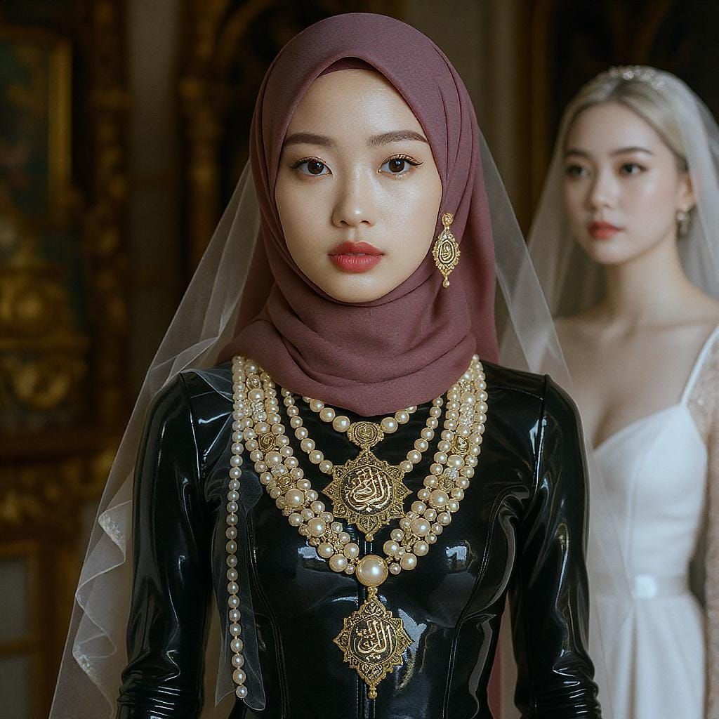 Asian Woman in Latex and Hijab with Pearl Body Chain
