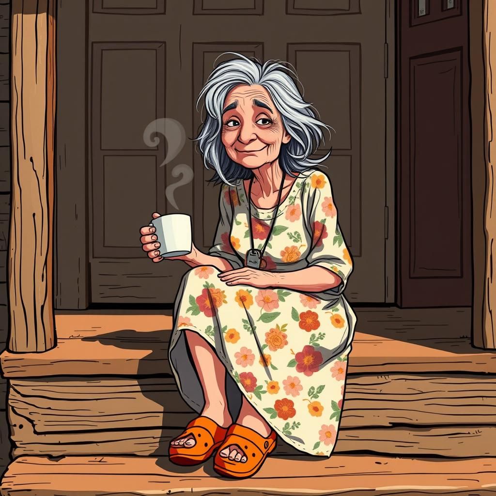 Whimsical Caricature of Senior Woman with Coffee