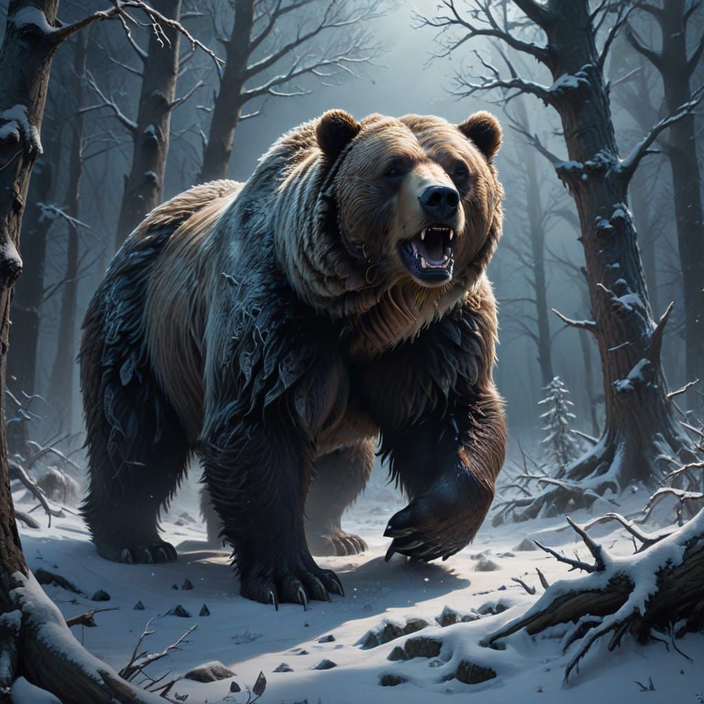 Surreal Dark Fantasy Bear in a Winter Wonderland