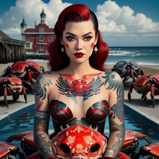 Crab Tattoo Surrealism: A Vintage Pin-Up Portrait