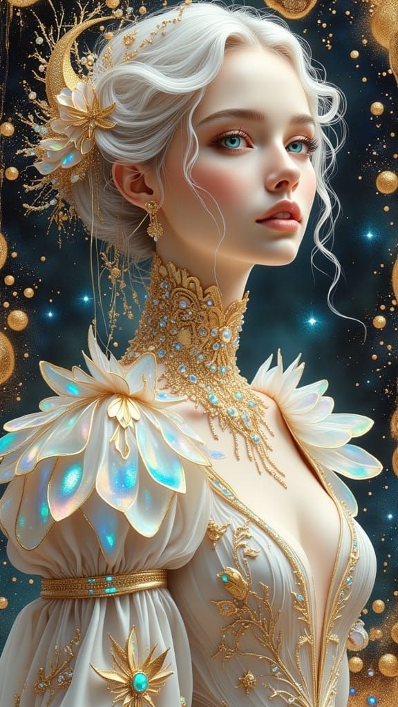 Goddess in Luminous Peacock Attire in Vibrant Dreamscape