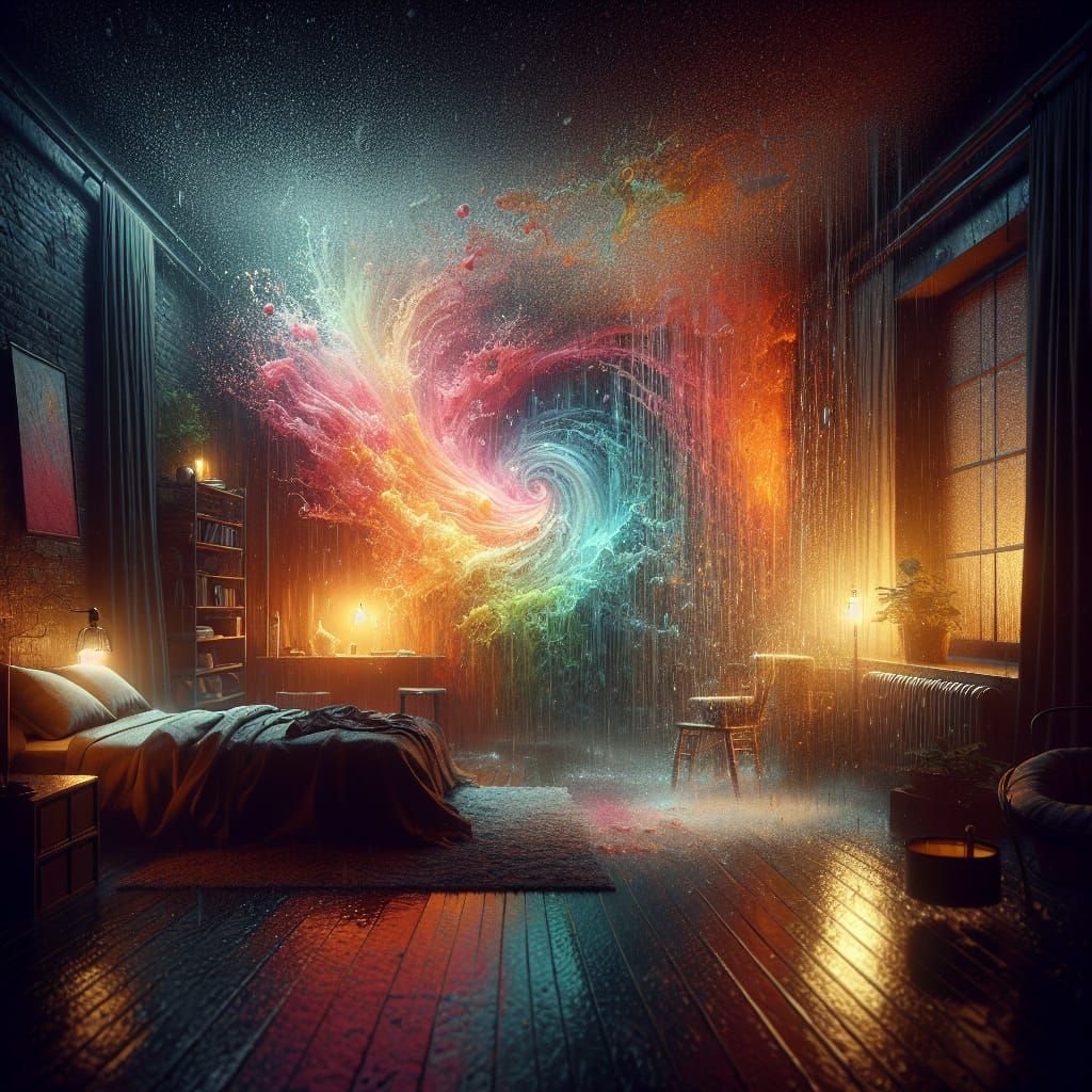 Cozy Dark Bedroom in Rain: Realistic Splash Art