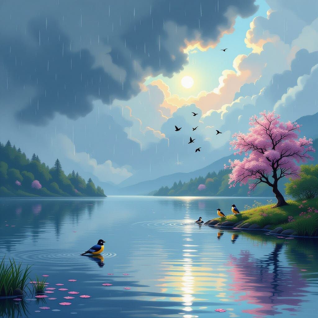 Split Lake Landscape: Rainy Monsoon Meets Vibrant Spring