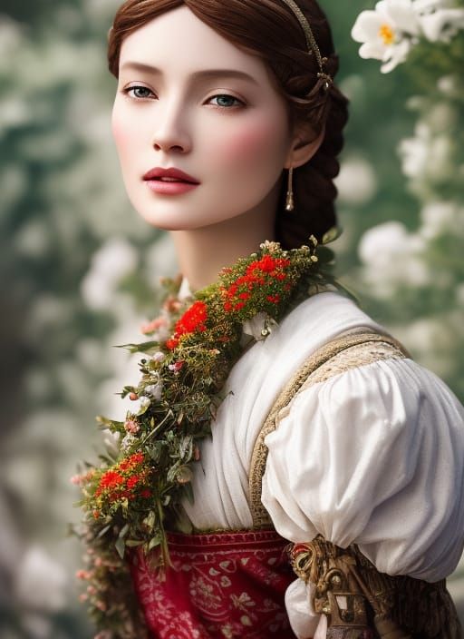 Medieval Flower Girl in Detailed Fantasy Art Style