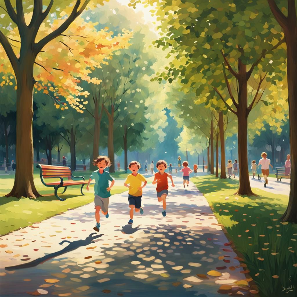 Children Playing in Sunlit Park: Art Nouveau Illustration