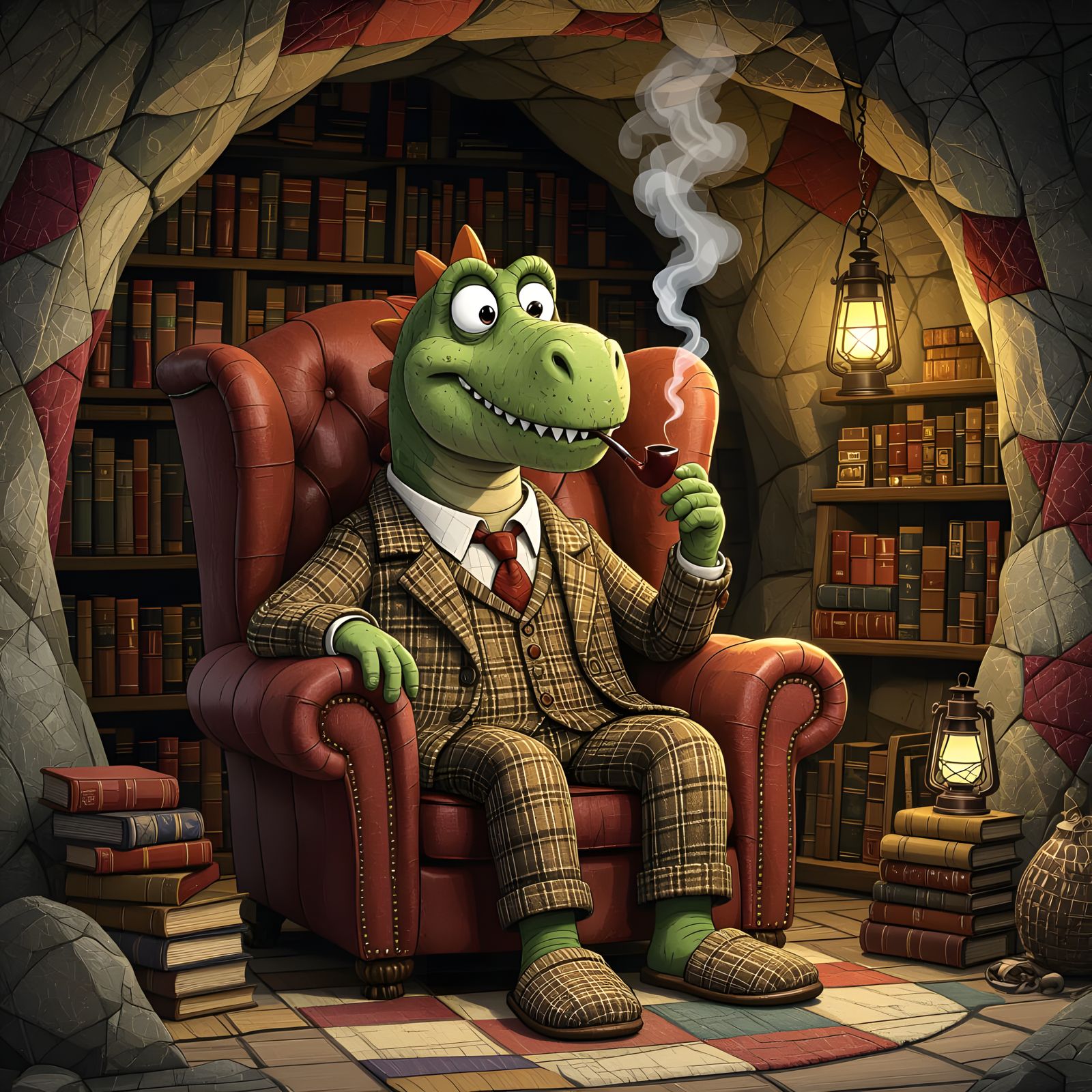 Anthropomorphic Dinosaur in Cosy Cave, Caricature Cartoon