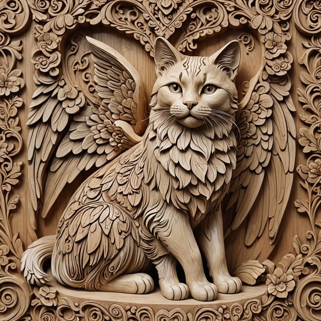 Detailed Woodcarving: Cat Angel with Hearts