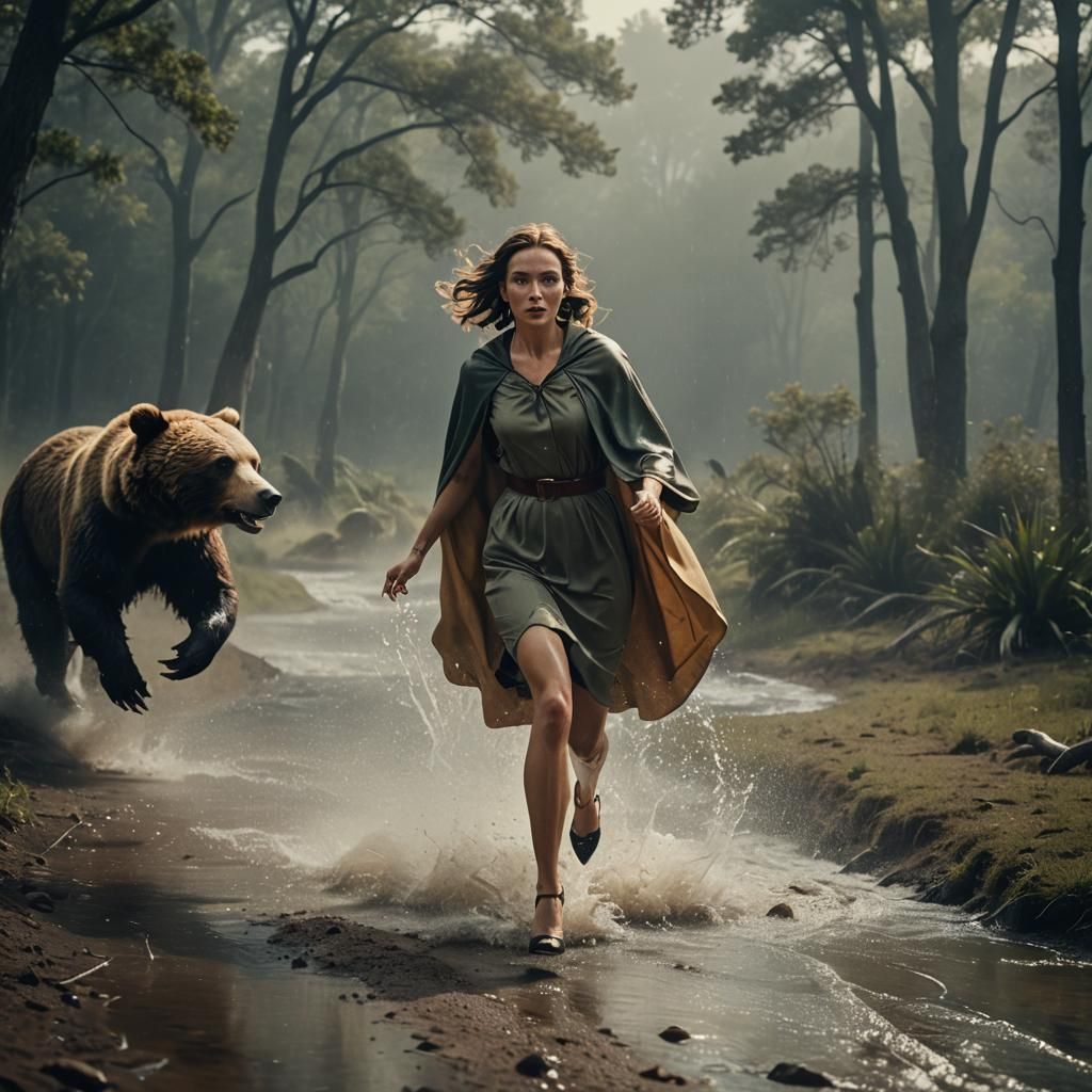 Woman Running from Bear in Cinematic Film Still