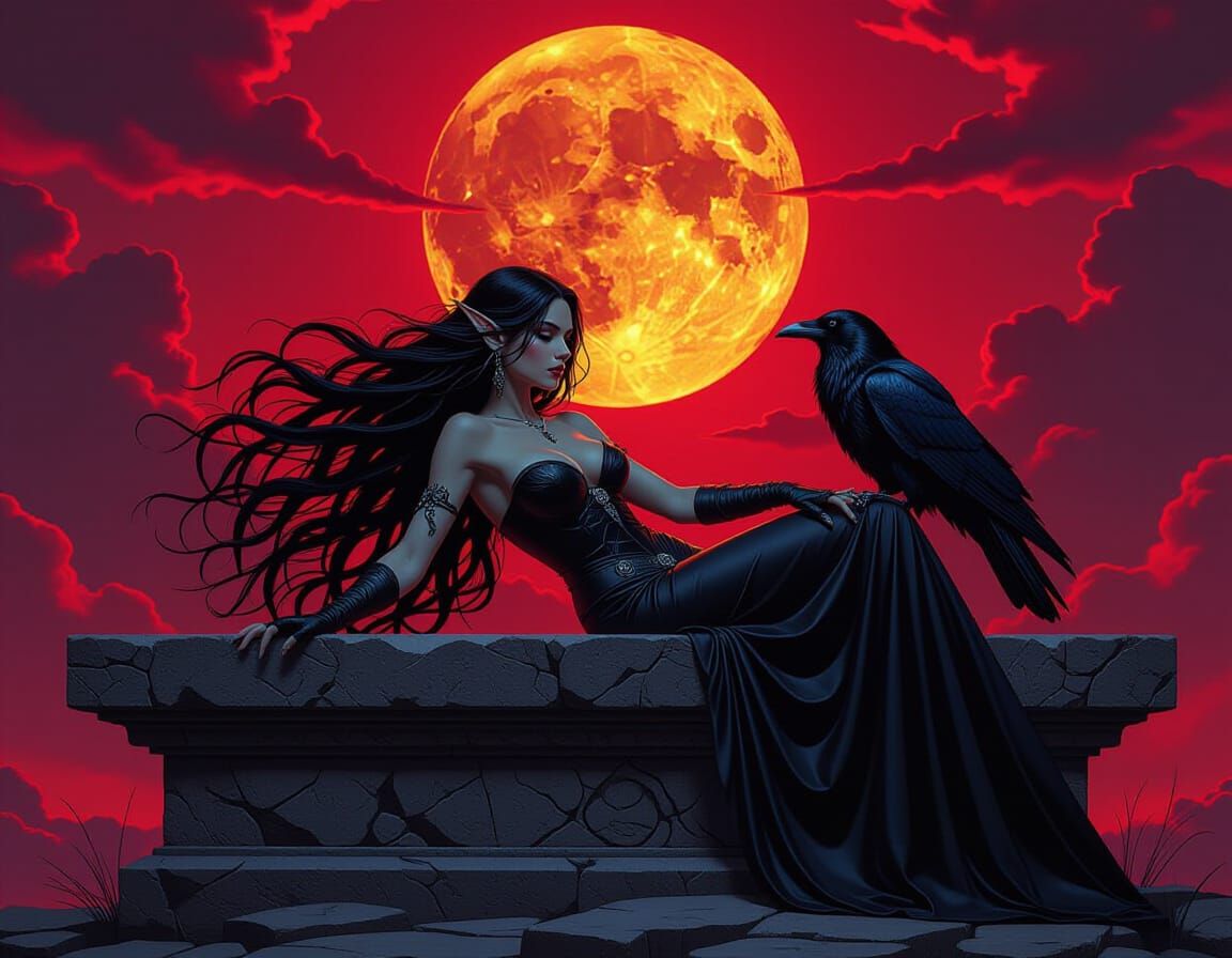 Evil Elven Warrior with Raven Under Blood Moon