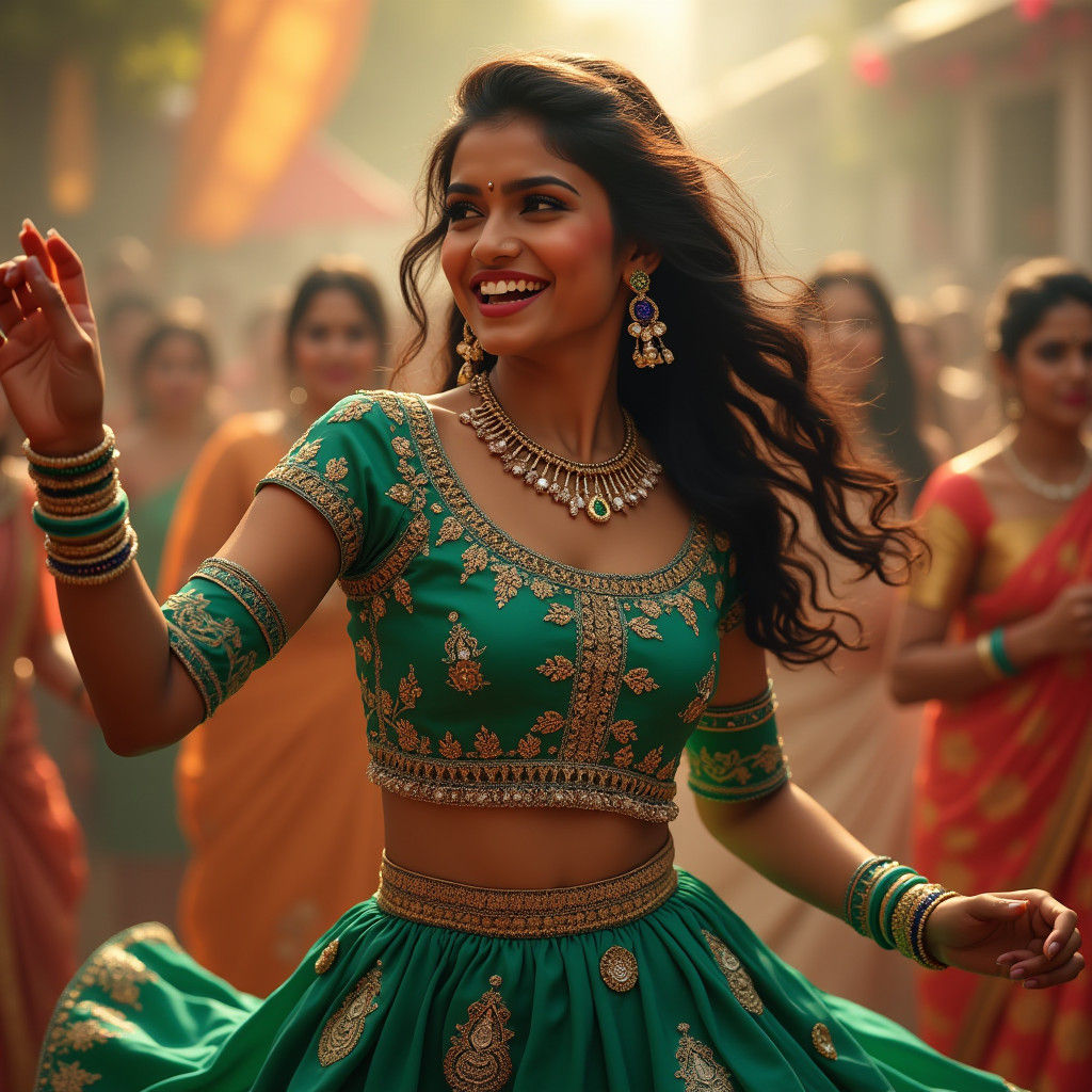 Radiant Indian Woman Dancing in Emerald Gown