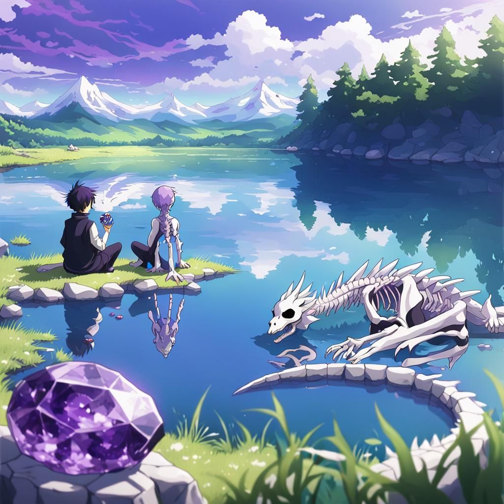 Ducks and Amethyst Dragon: Anime Lake Scene