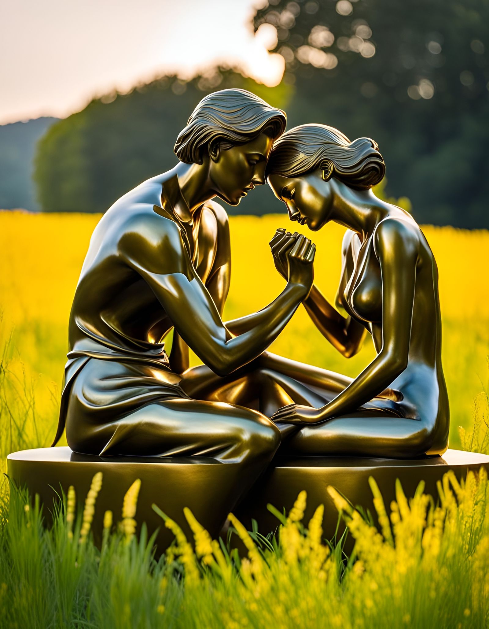 Romantic Bronze Sculpture of Lovers in Field