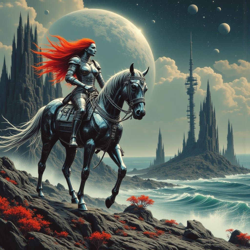 Warrior in Chrome Armor Overlooking Mechanical Wasteland