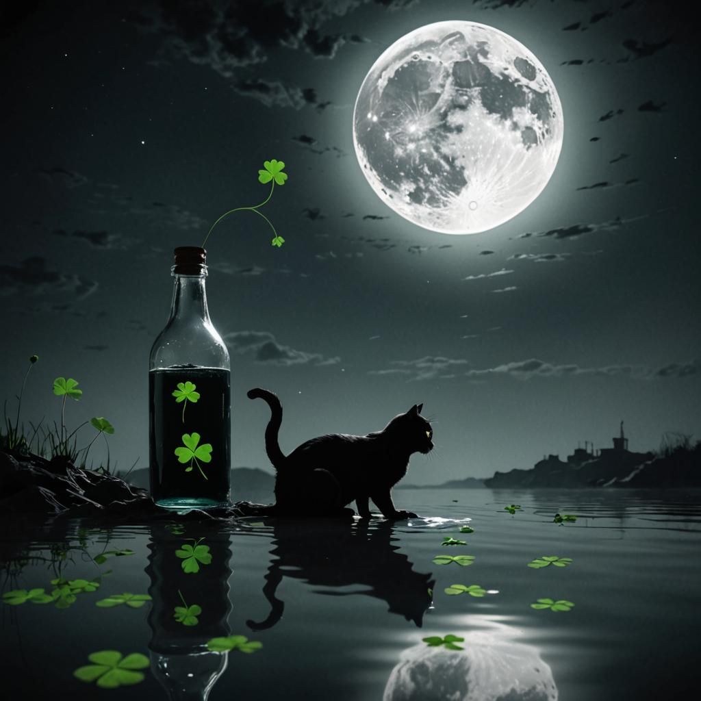 Silhouette of a Black Cat with Four-Leaf Clover