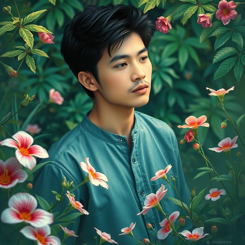 Young Asian Man Surrounded by Lush Greenery and Vibrant Flow...