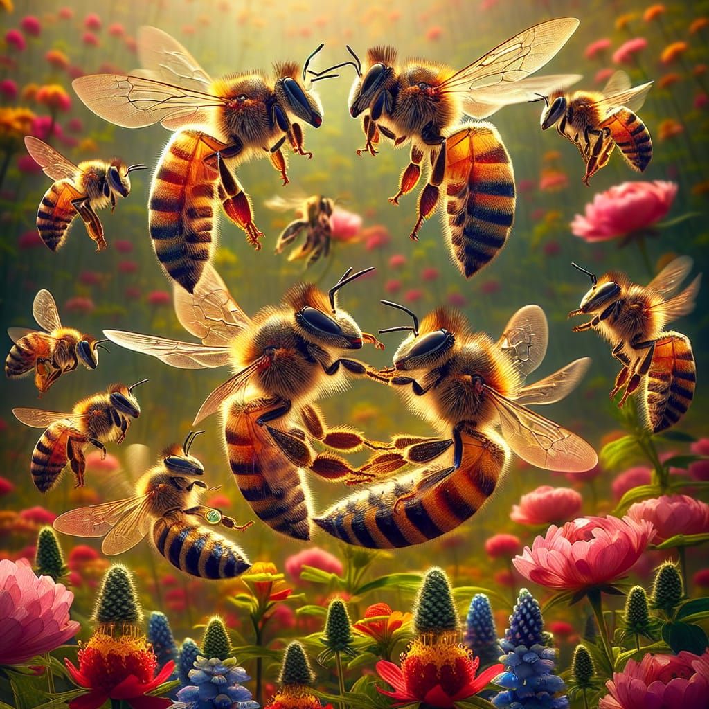 Bees' Intricate Mating Dance in Lush Meadow