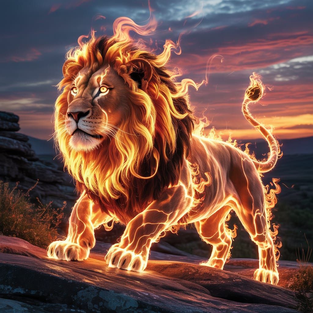 Fiery Lion Made of Light on Rocky Landscape