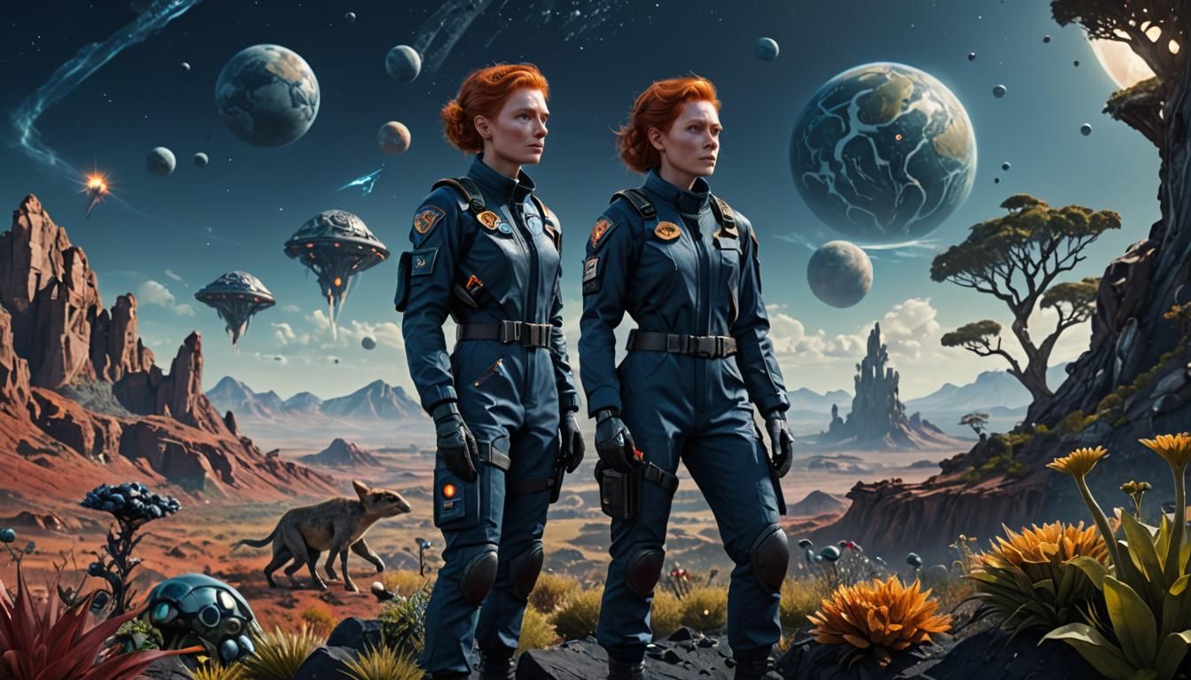 Redhead on Alien Bluff in Hyperrealistic Matte Painting