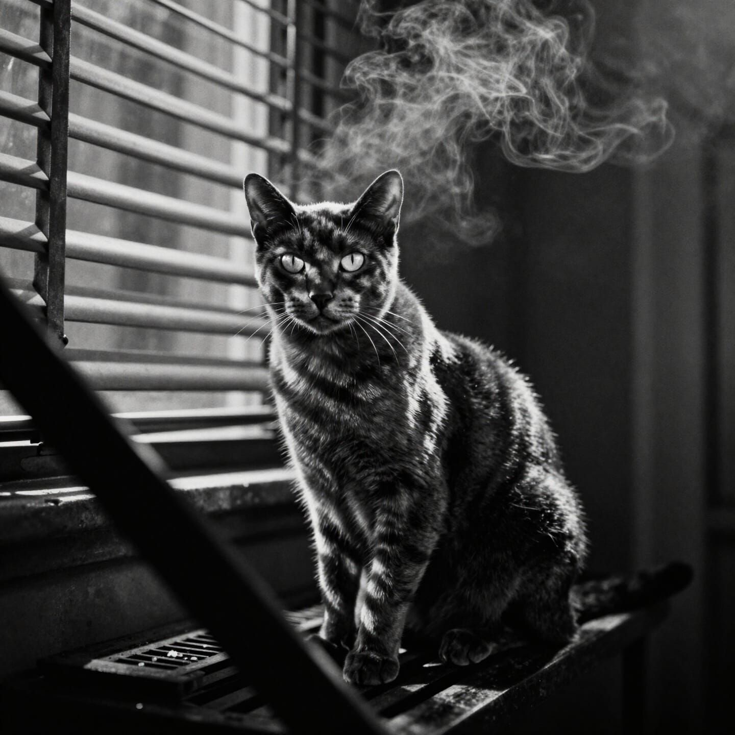 Noir Russian Blue Cat on Fire Escape