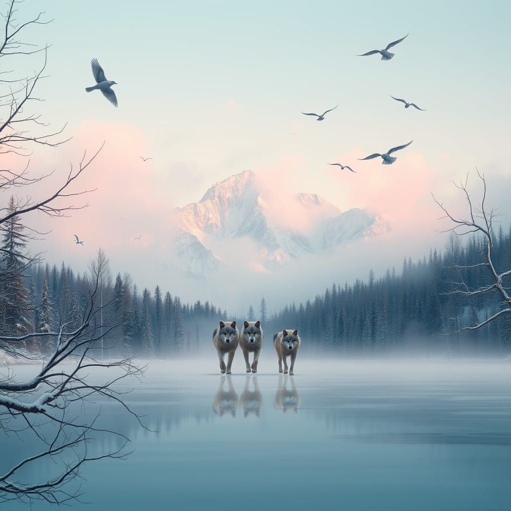 Surreal Winter Wonderland Unveils Majestic Wolves Under Star...