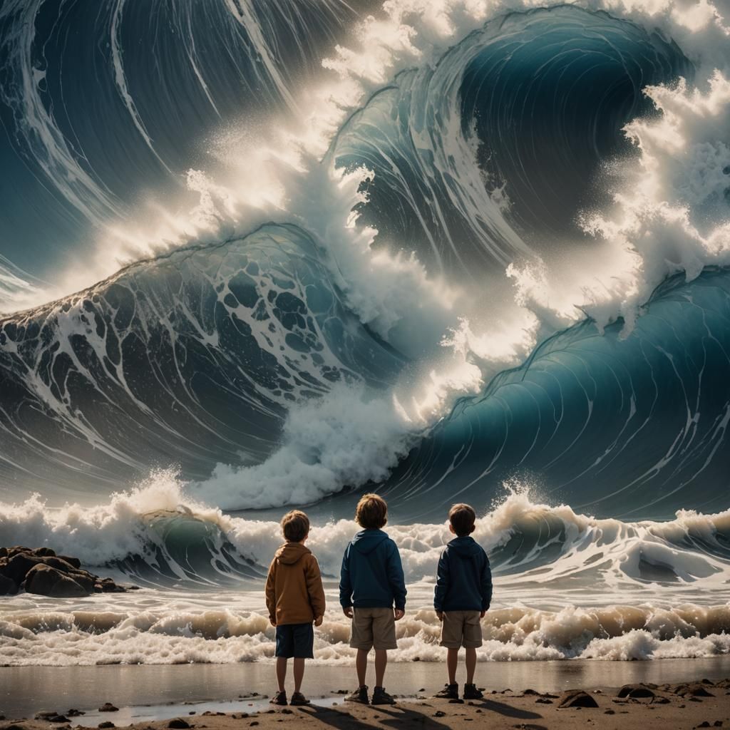 Boy Confronts Crystalline Tsunami Wave, Cinematic Still