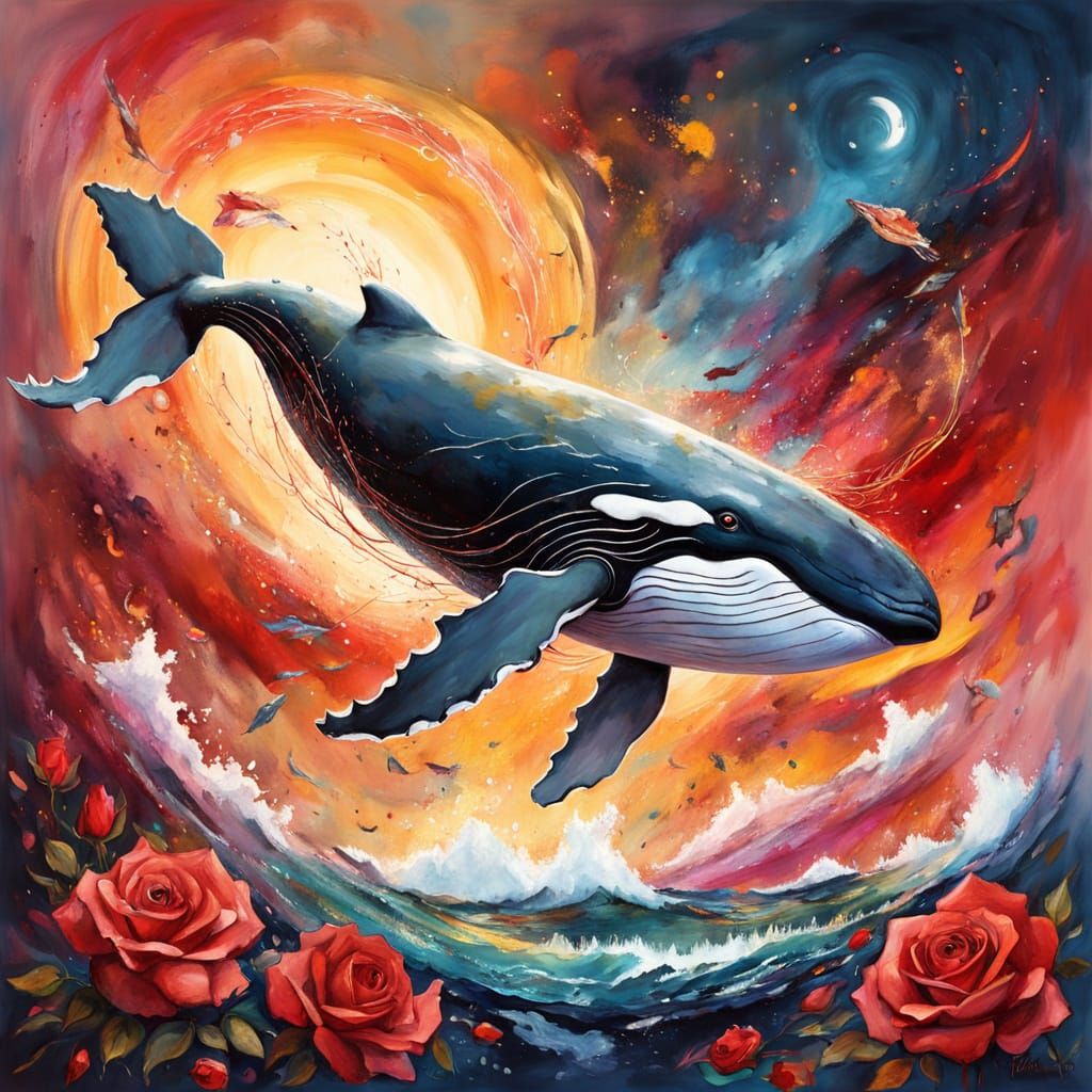 Humpback Whale Flies Through Space as Watercolor Painting