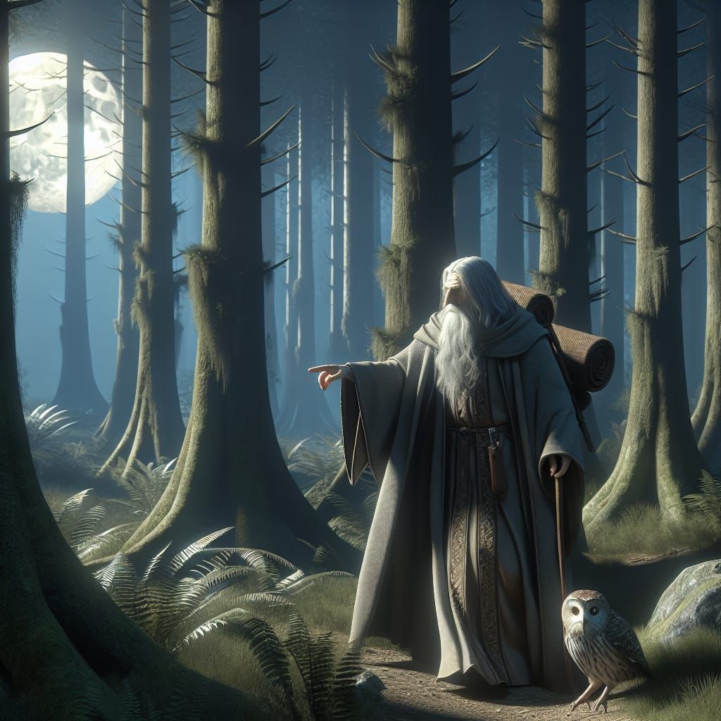 Mage and Owl in Dark Forest 3D Illustration