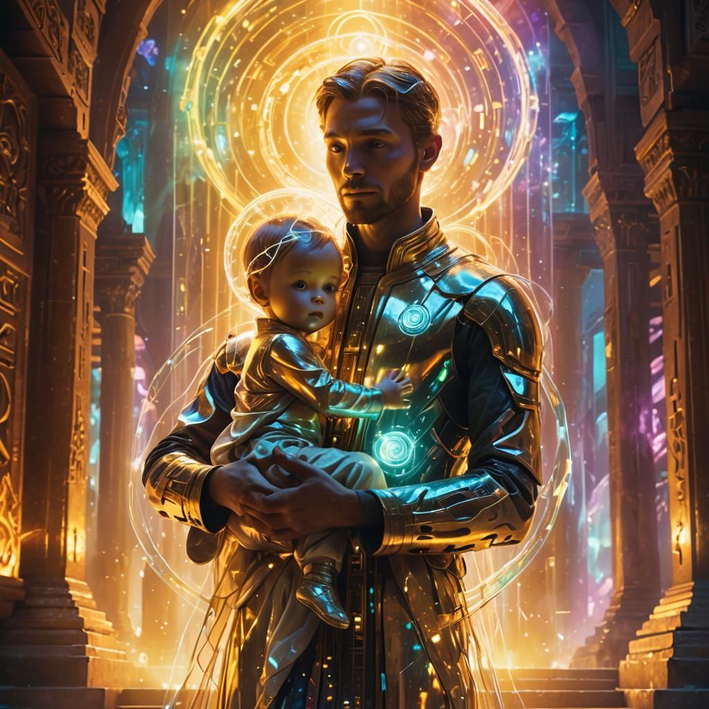 Futuristic Sci-Fi Temple: Glowing Figure and Child