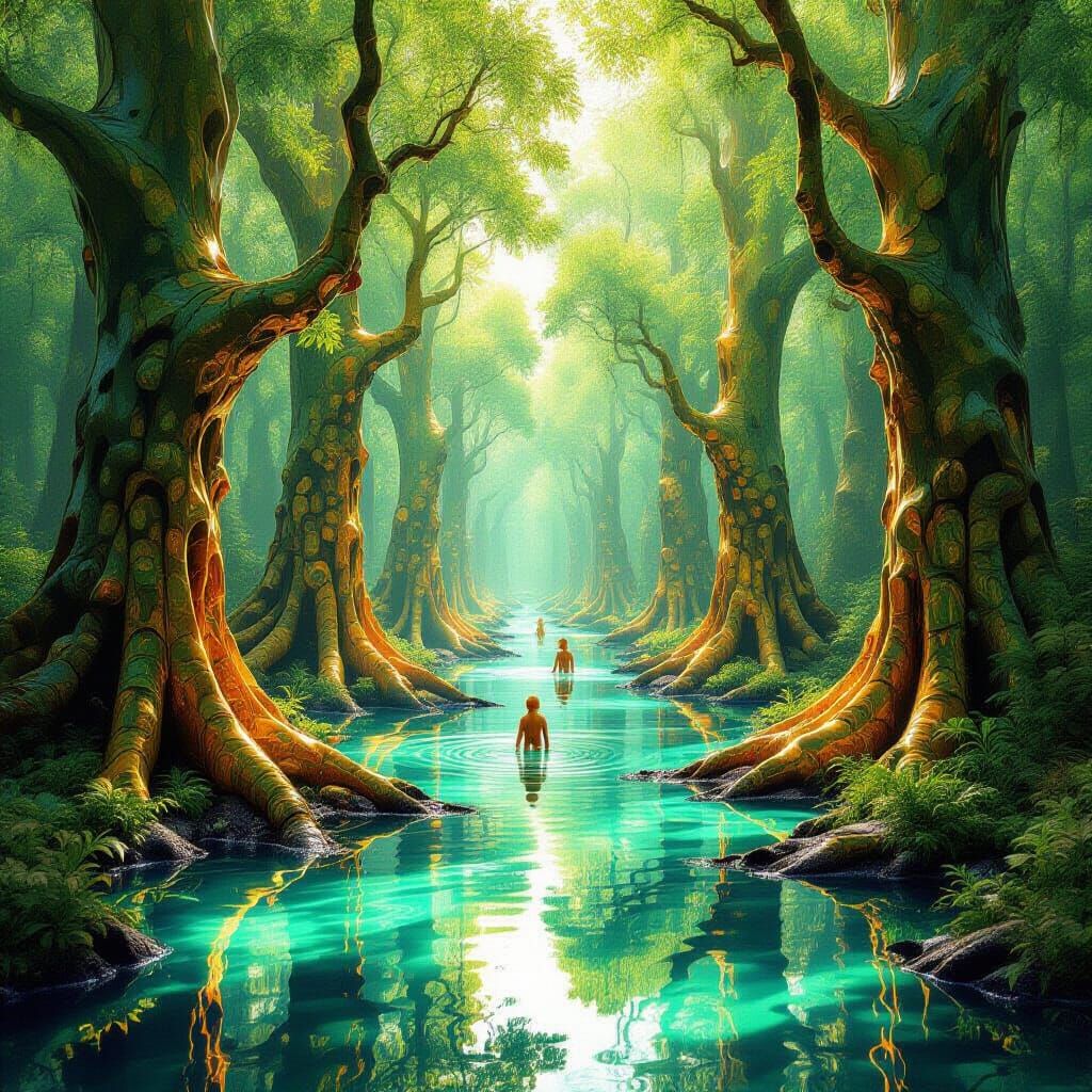 Surreal Liquid Forest with Water Animals