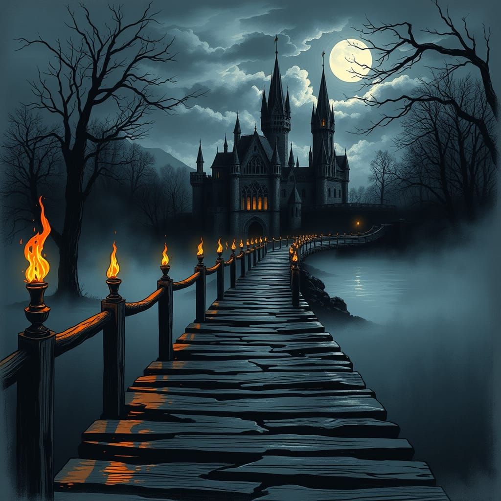 Ominous Bridge to a Haunted Castle in the Swamp