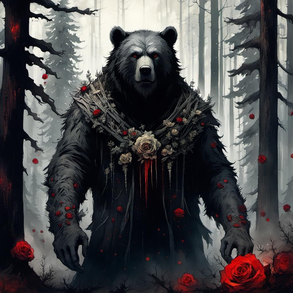 Gothic Horror ManBear in Dark Forest, Gouache Style