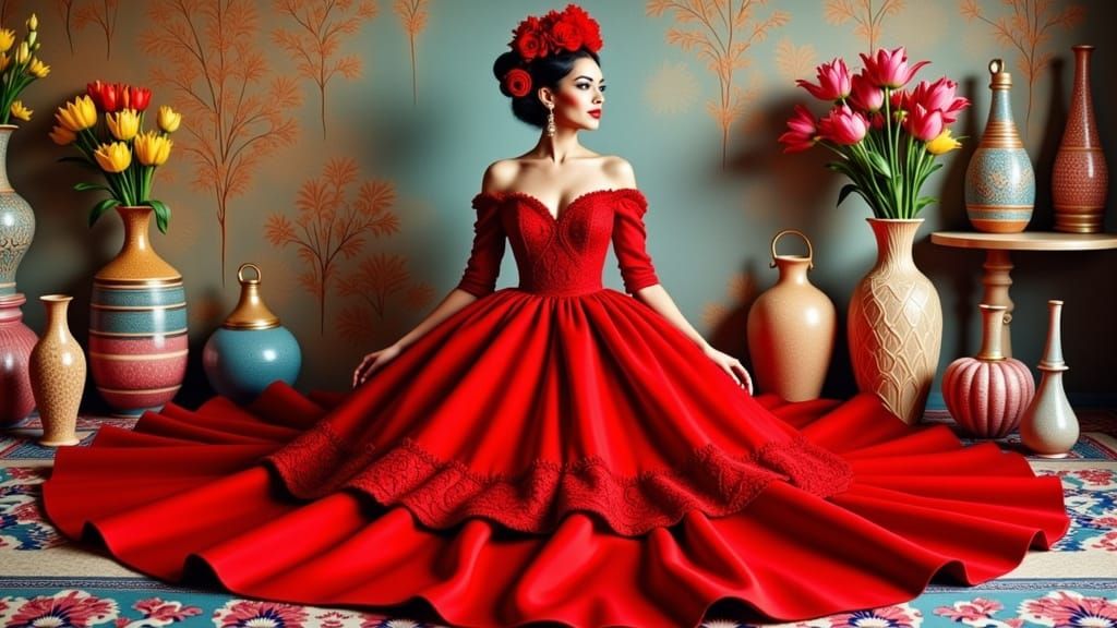 Mexican Woman in Red Dress, Surrealist Art Style