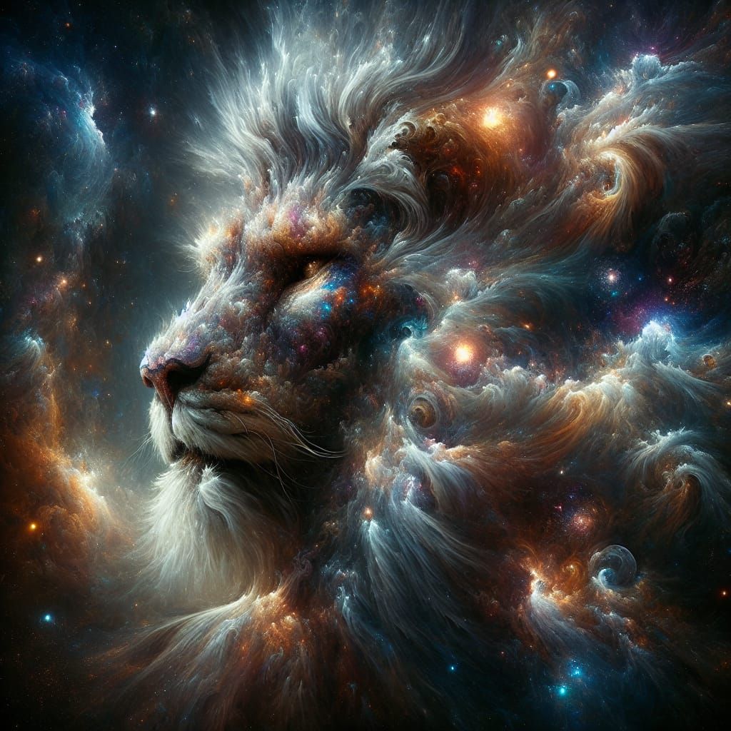 Cosmic Nebula Lion Face in Romantic Style