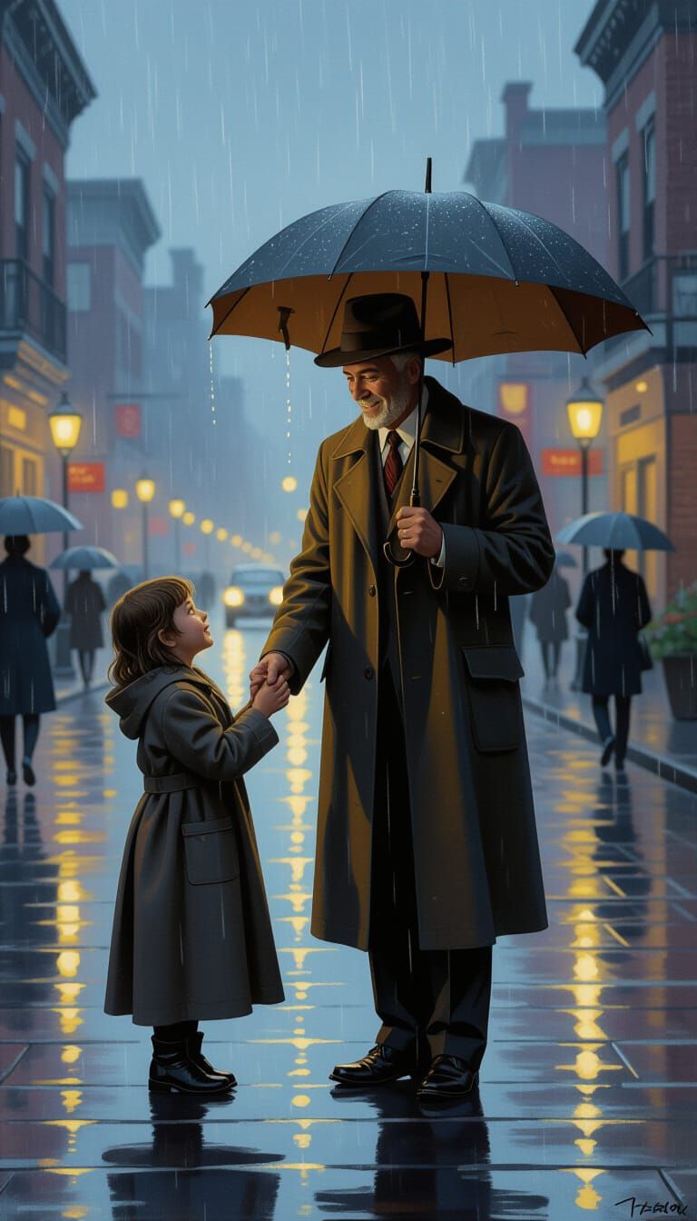 Kind Stranger Helps Person in Rain, Modern Realism Painting