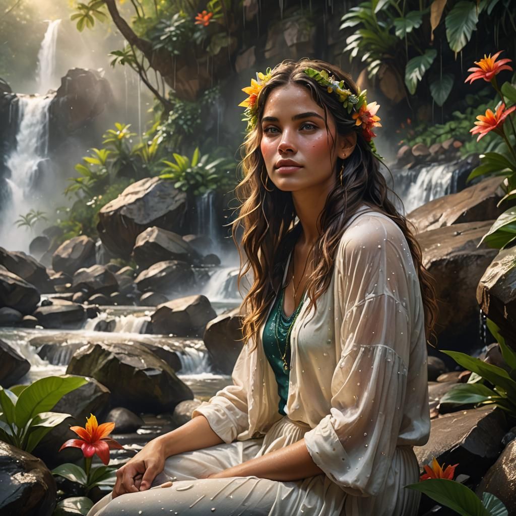 Woman by Waterfall: Hyperrealistic Tropical Concept Art