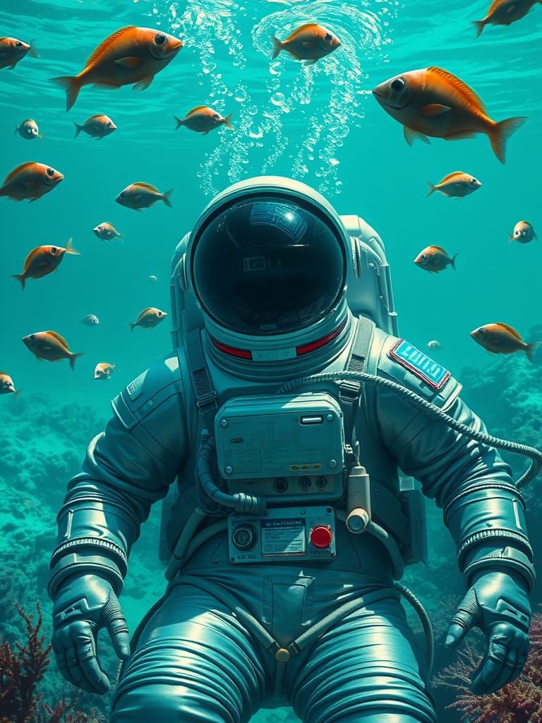 Astronaut in Turquoise Ocean, Blending Dali's Surrealism wit...