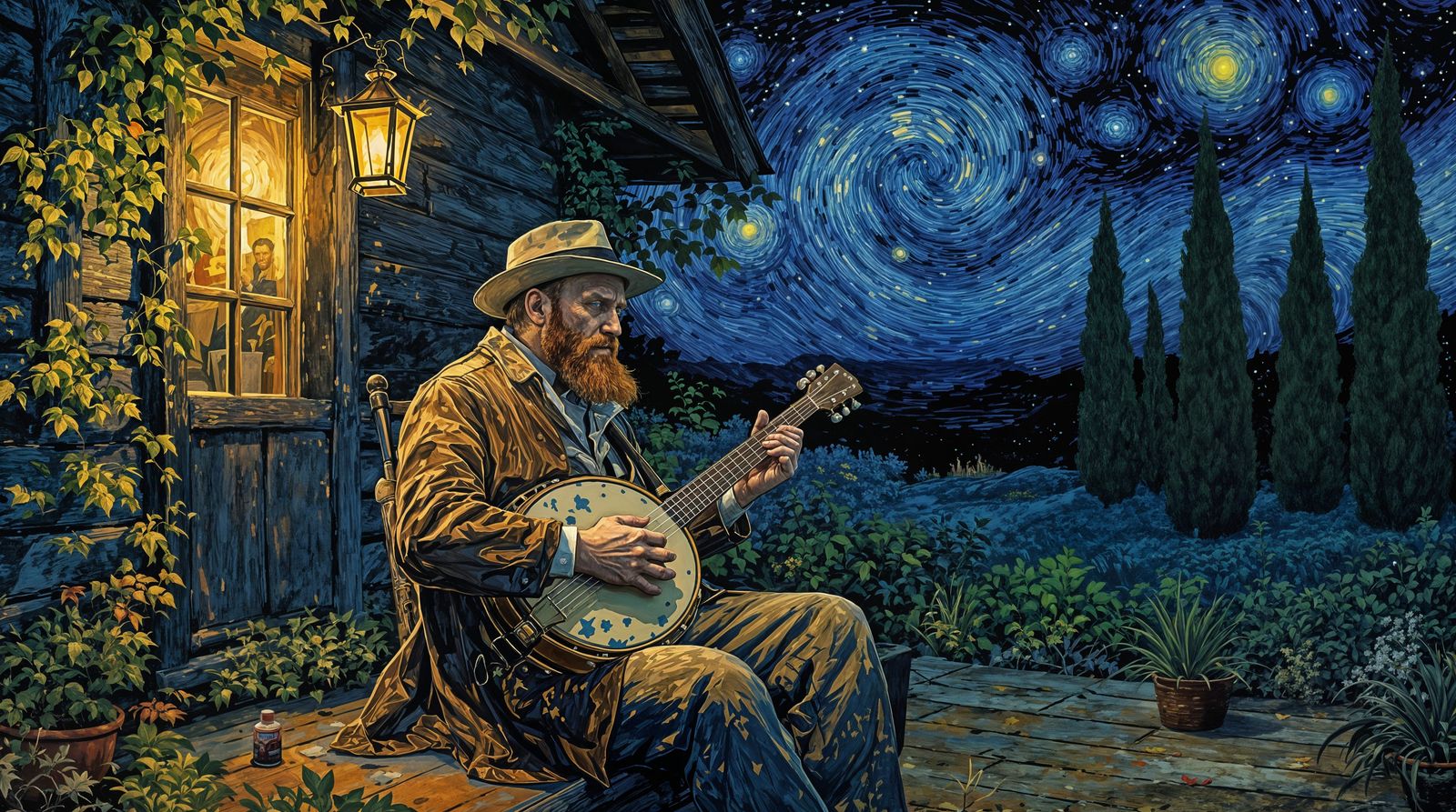 Van Gogh Plays Banjo Under Starry Night Sky