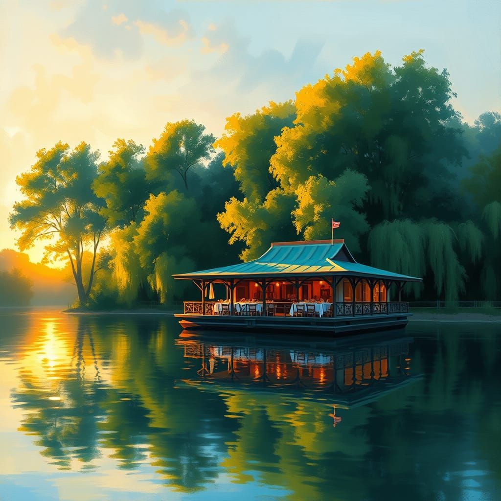 Impressionistic Floating Restaurant at Sunset