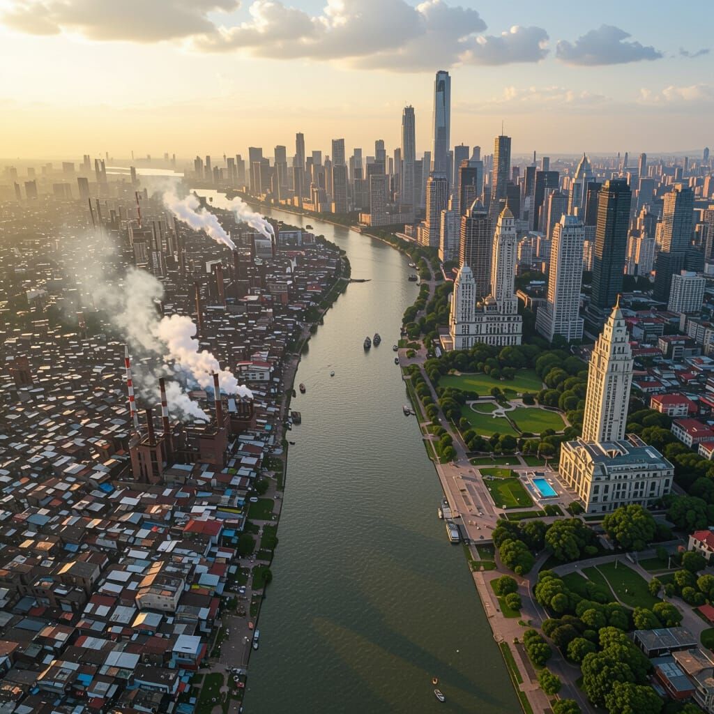 City Divided by River: Poverty vs. Wealth Aerial View