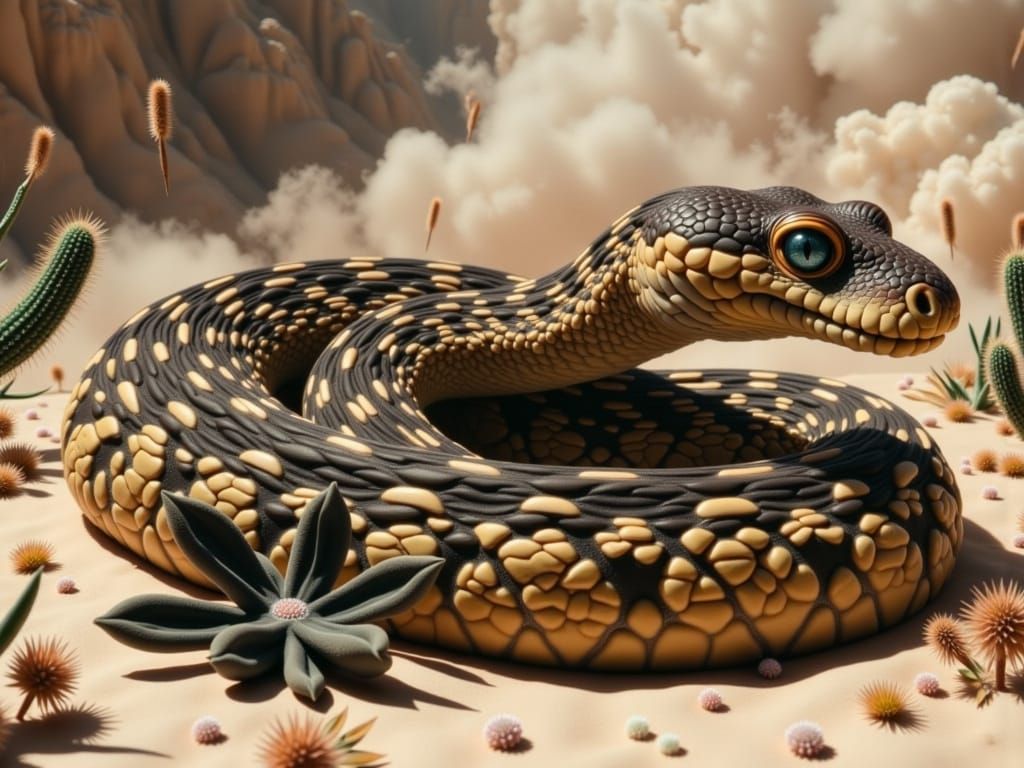 Rattlesnake Slithering Through Desert, as Oil Painting