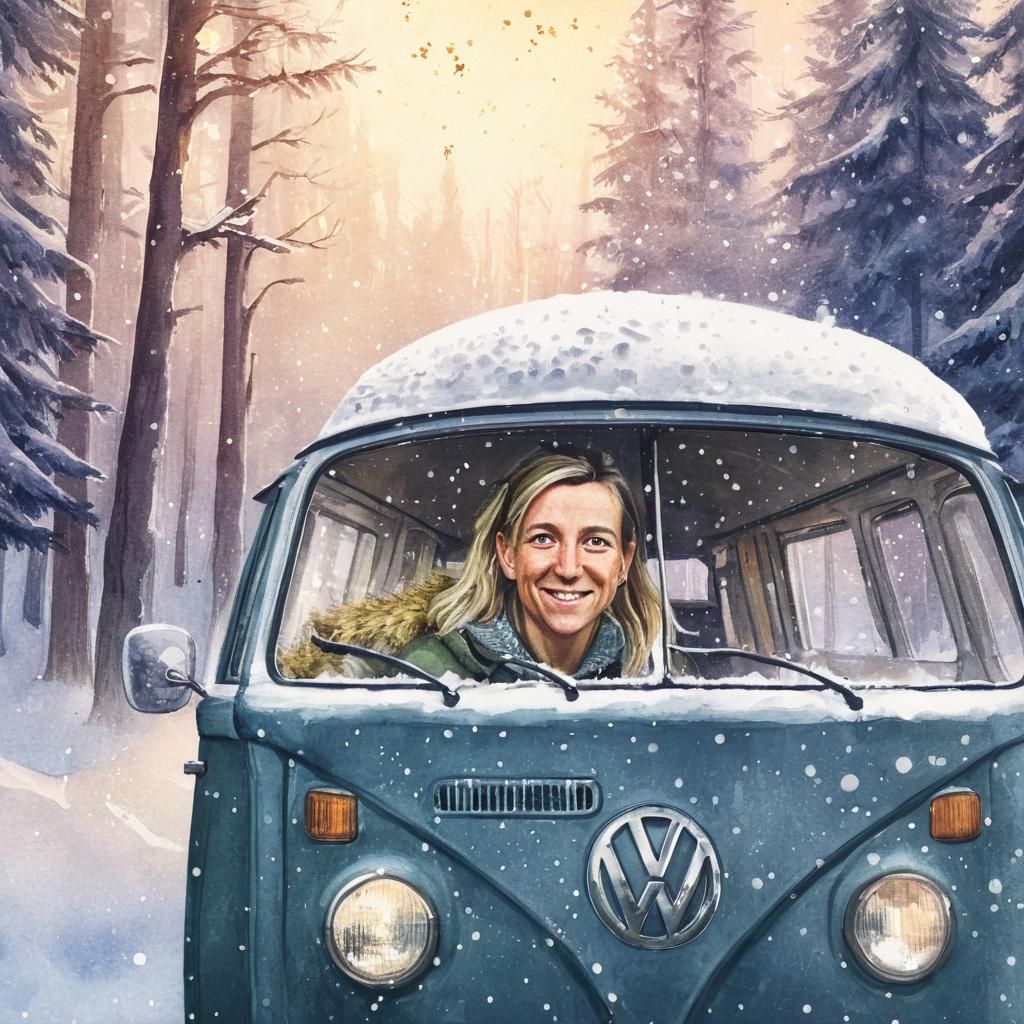 Elf Drives VW Van Through Snowy Forest in Watercolor