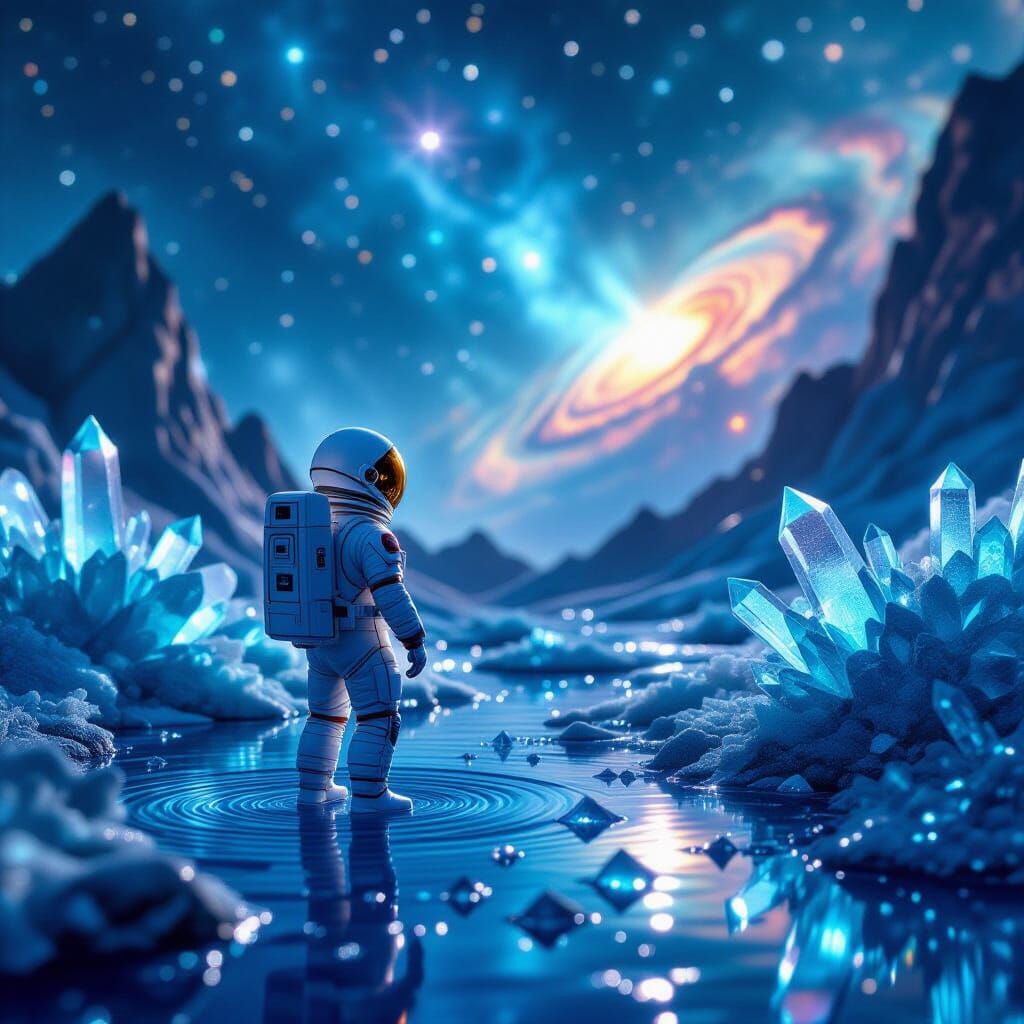 Astronaut on Sapphire Planet in Raindrop