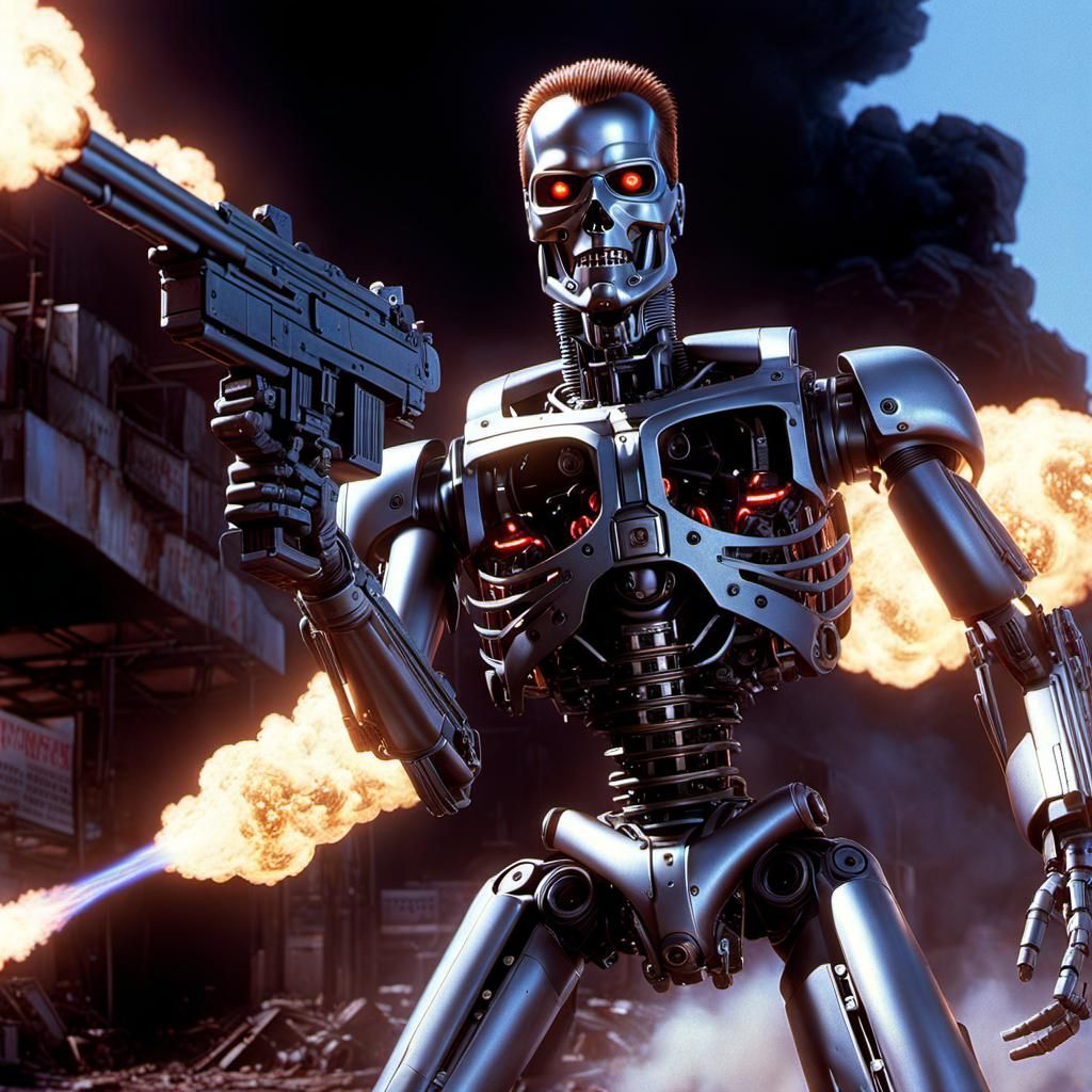 Terminator 2 Scene: Skinless Robot in Hyperrealistic Style