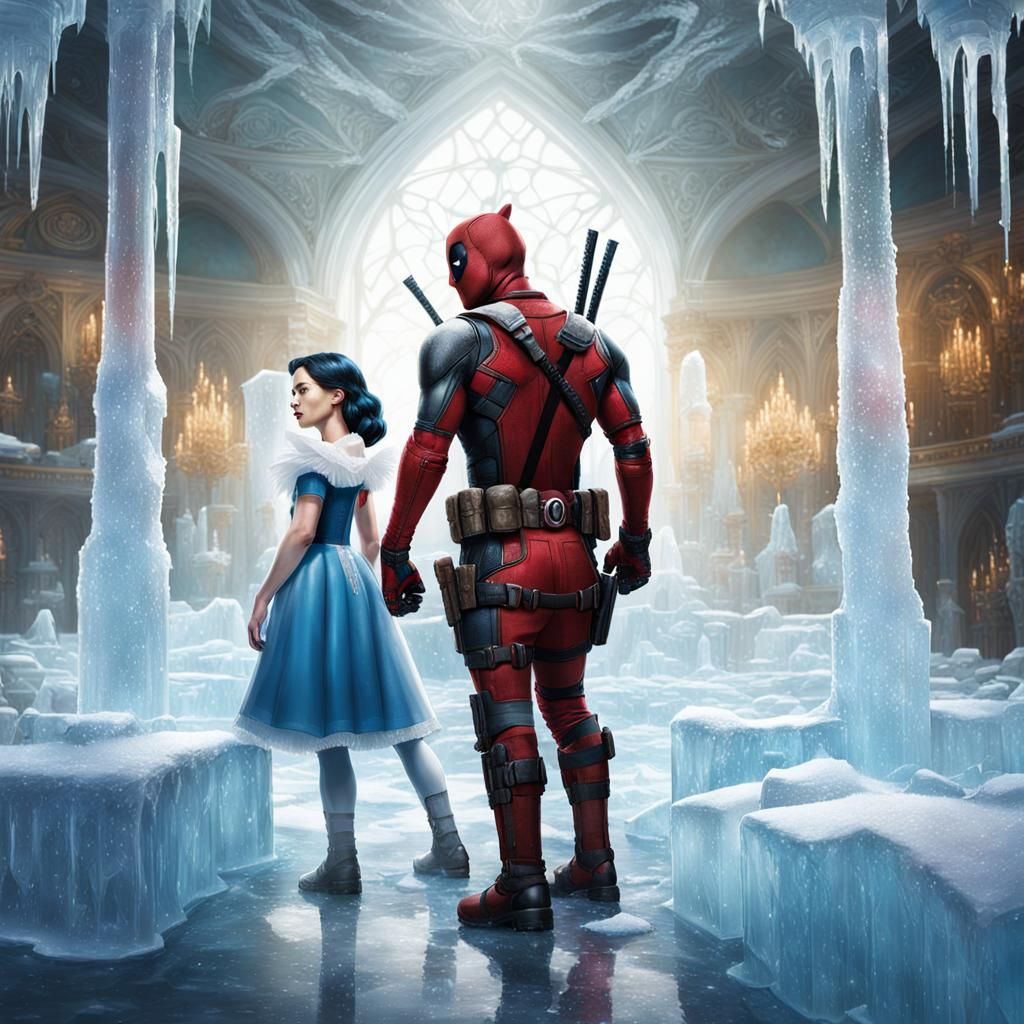 Deadpool and Snow White in Hyperrealistic Ice Palace
