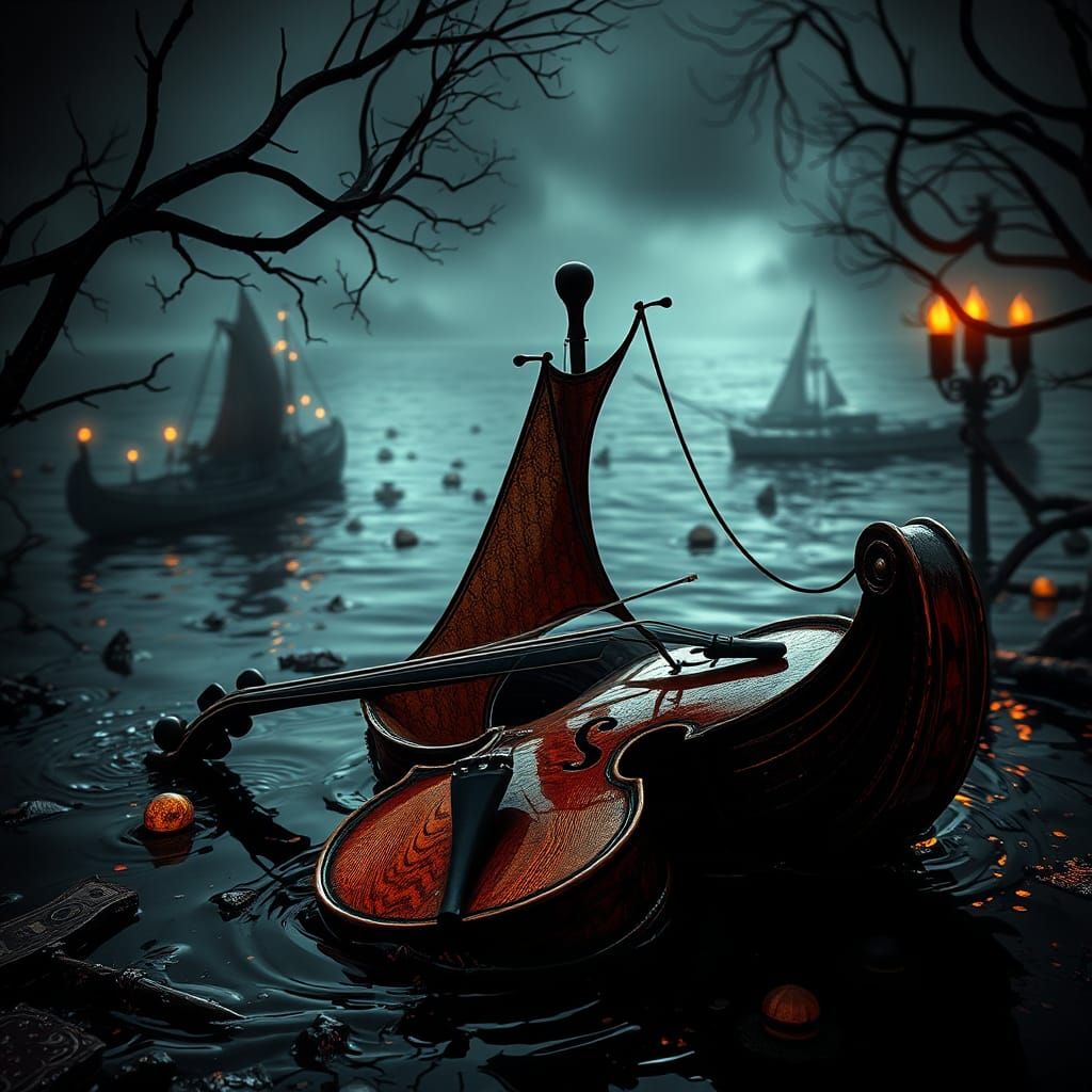 Gothic Romantic Violin Boat in Digital Photography