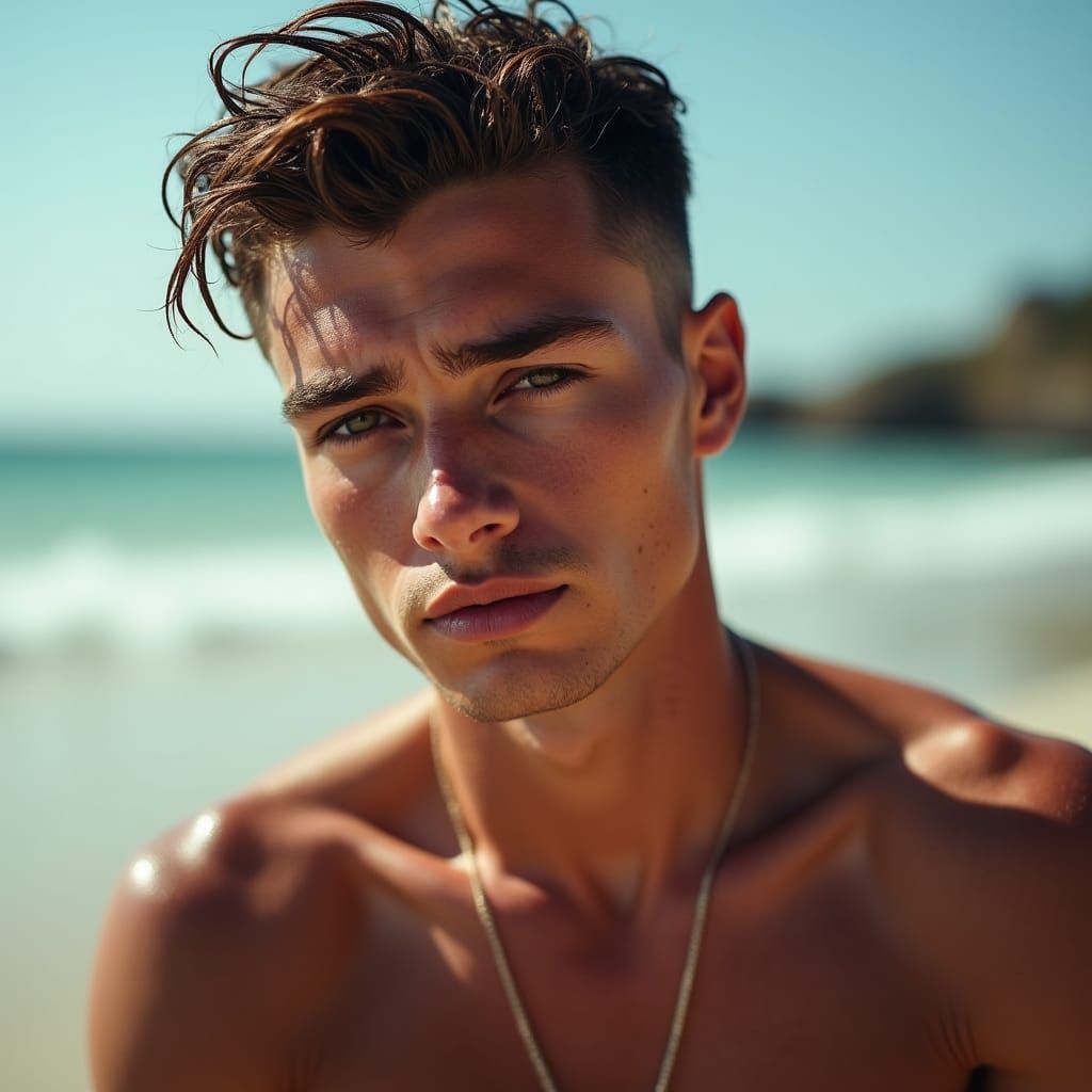 Sweat-Drenched Irish Lad: High-Fashion Beach Portrait