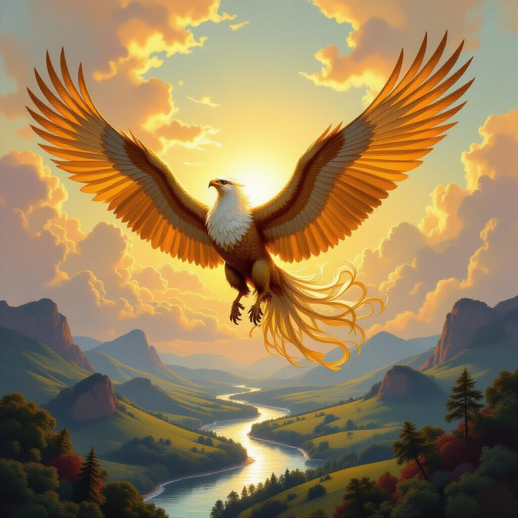 Griffin Soaring in Sunlit Sky as Oil Painting