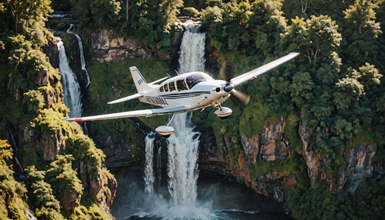 Small Airplane Soaring Near Waterfall in Photo