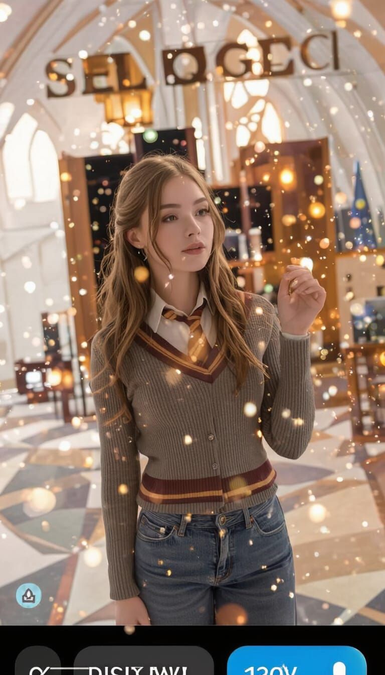 Young Woman in Hogwarts Uniform with Magical Aura